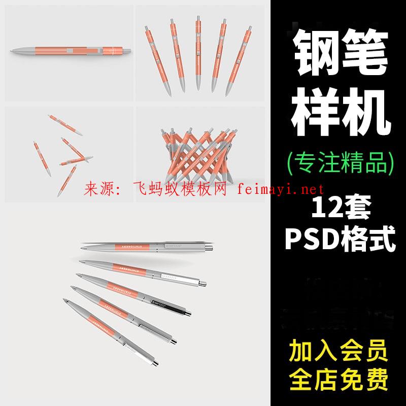 12套辦公文具鋼筆簽字圓珠筆模板標(biāo)志效果PSD設(shè)計(jì)素材VI智能貼圖樣機(jī)